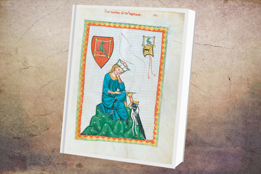 Die Heidelberger Liederhandschrift in Form eines Buches mit einem mittelalterlichen Bild und Wappen auf dem Einband.