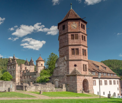 Kirchturm einer Kloster-Ruine vor strahlend blauem Himmel und üppigen Bäumen. 
