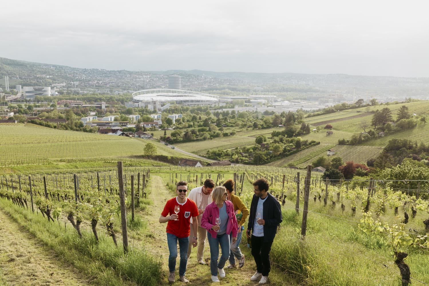 Eine Gruppe Menschen läuft mit Weingläsern in der Hand durch einen Weinberg, im Hintergrund eine Stadt.