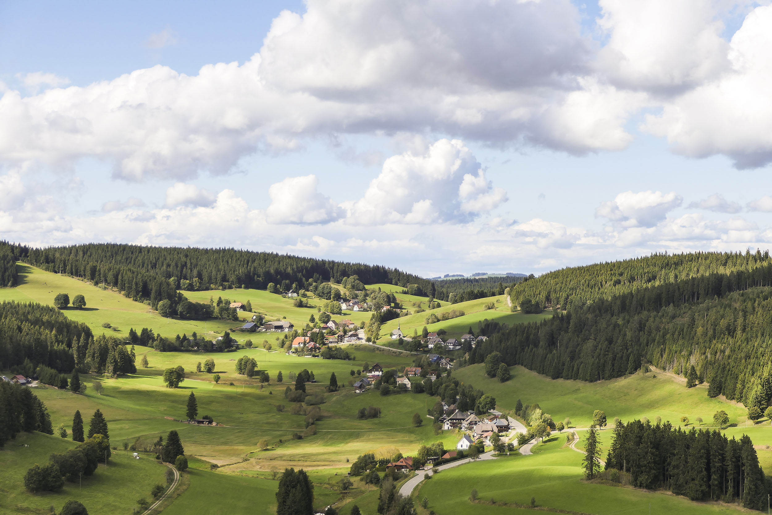Landschaftsaufnahme des Schwarzwaldes. Grüne Wiesen und Wälder und zwischendrin kleine Ortschaften.