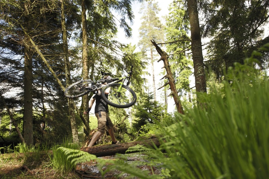Eine Person trägt sein Fahrrad über der Schulter entlang eines Fahrradtrails im Schwarzwald.