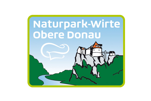 Logo der Naturpark-Wirte Obere Donau. Im Hintergrund ist das illustrierte Bild einer Burg.