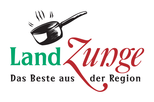 Logo "Landzunge. Das Beste aus der Region". Über der Schrift ist ein schwarzer Stieltopf.