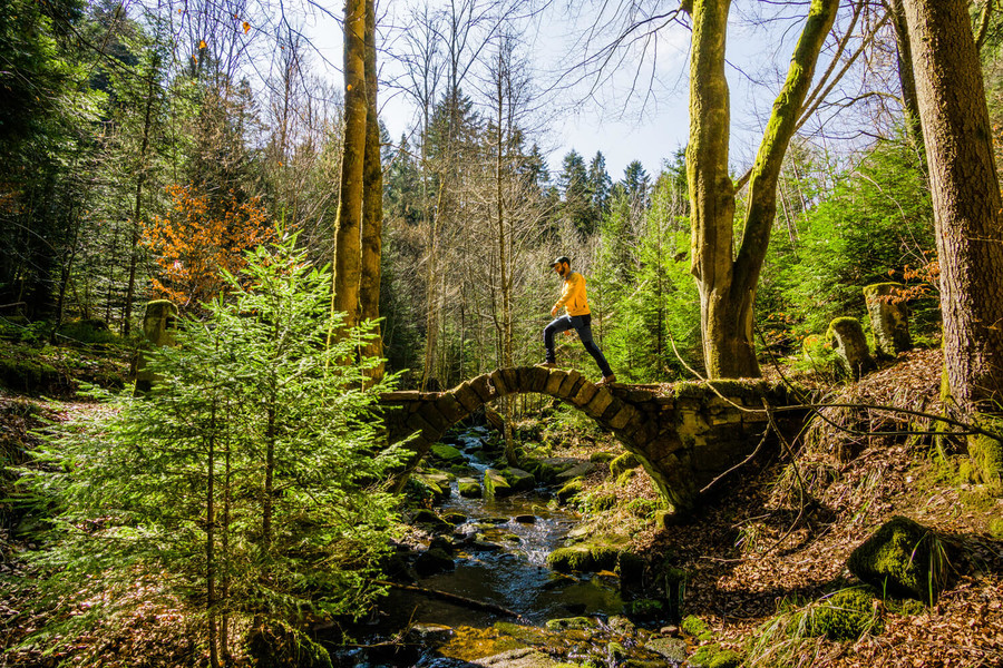 Ein Mann läuft über eine schmale Brücke in einem Wald.