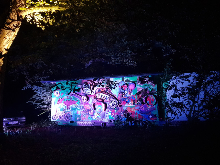 Ein eindrucksvolles Mural bei Nacht