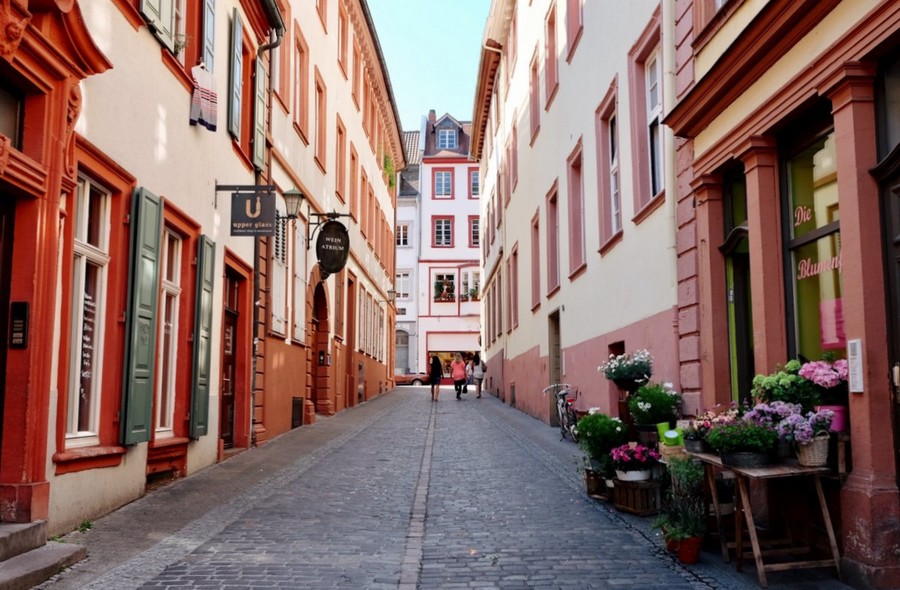 Altstadtgasse in Heidelberg mit vielen Häusern